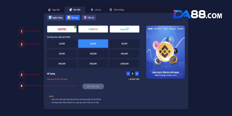 Rút tiền da88 chuyển thành thẻ cao nhanh và gọn
